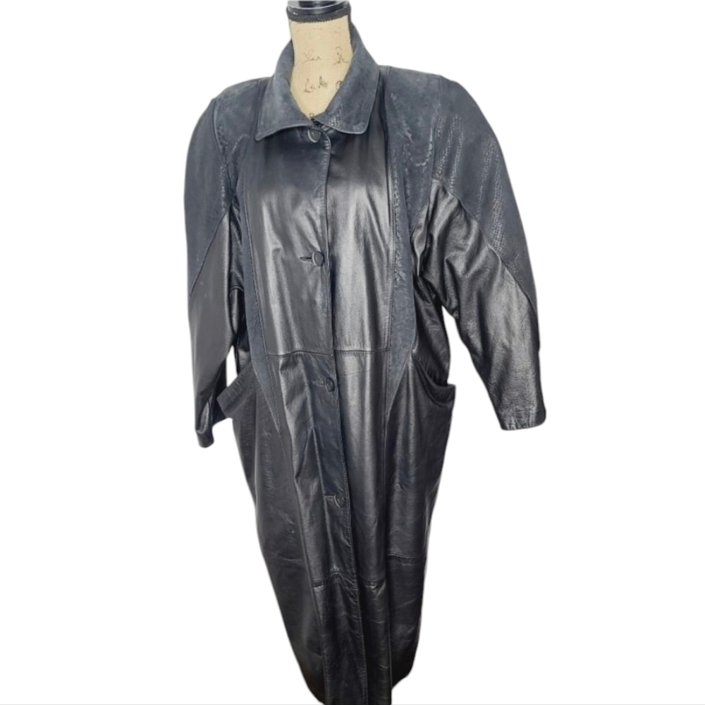Vintage 80s Pelle Black Long Leather Trench Coat Embossed Python